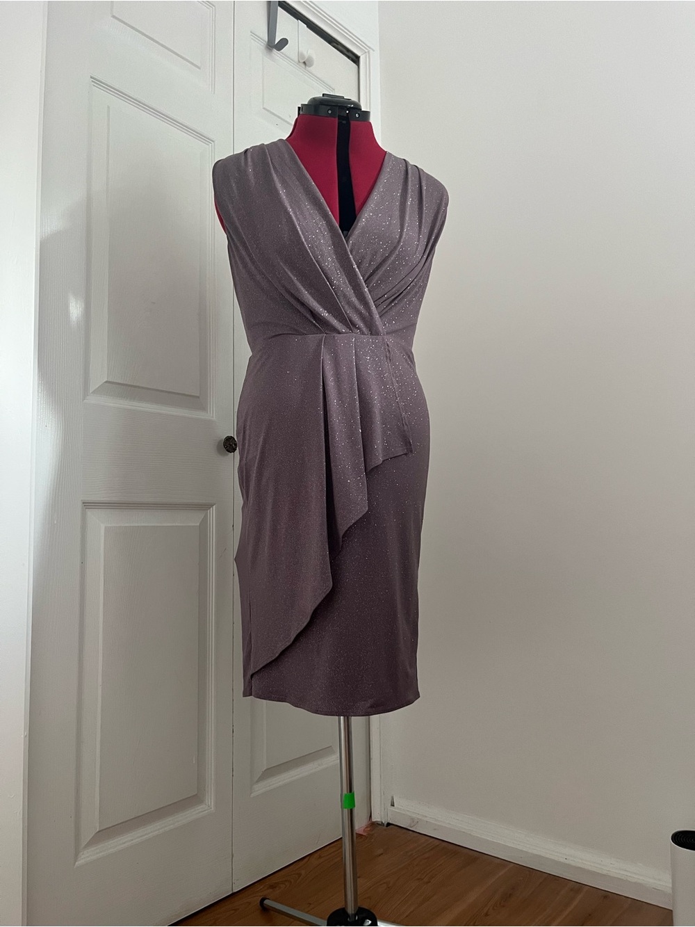 le chateau Shimmery Dusty Lilac Draped V-Neck Midi Dress